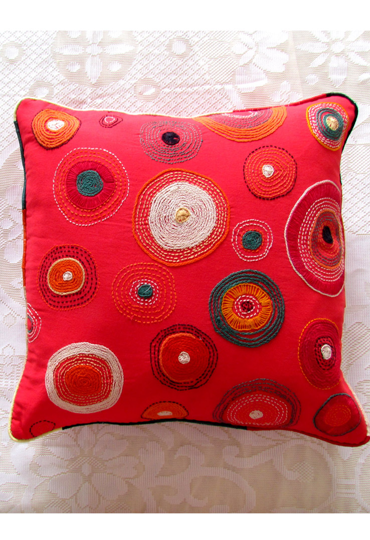 Red Tribal Hand Embroidered Square Cushion Covers - Set of 2